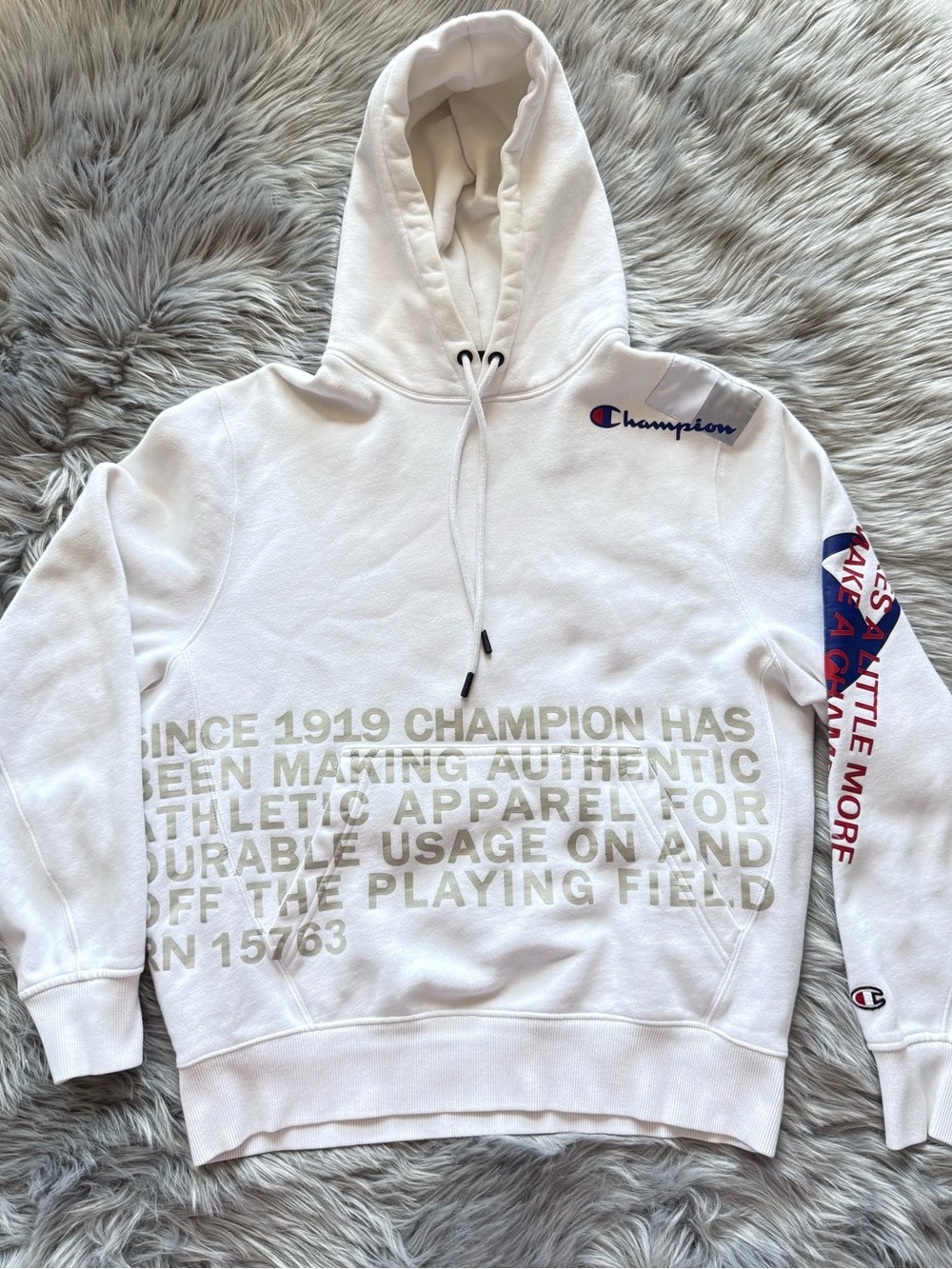 Champion White Hoodie with Navy & Red Logo Accents